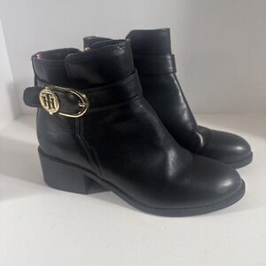 Womens Tommy Hilfiger Ornamented Gold Zip Up Black Bootie Size 5.5 Chunky Heel